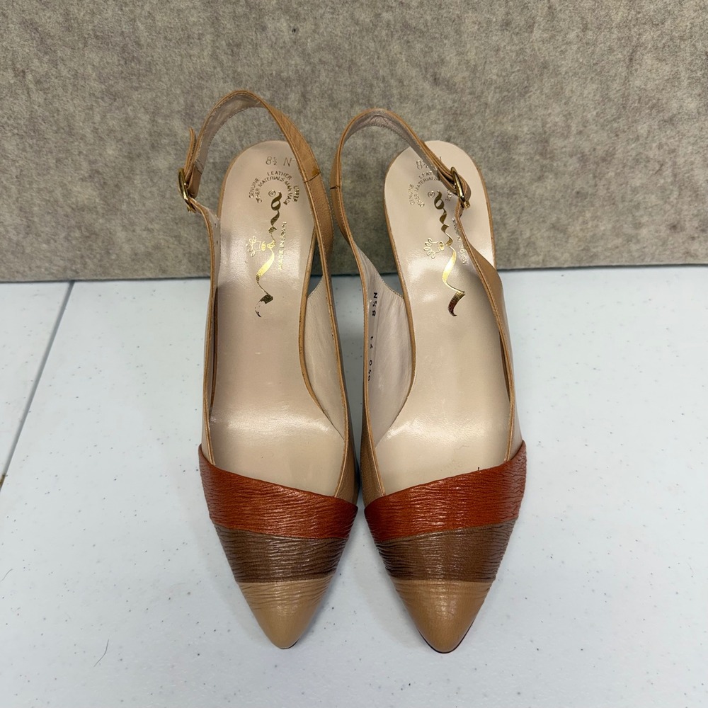 Nina Slingback Heels Women 8.5 Tan Brown Colorblock Pointed Toe